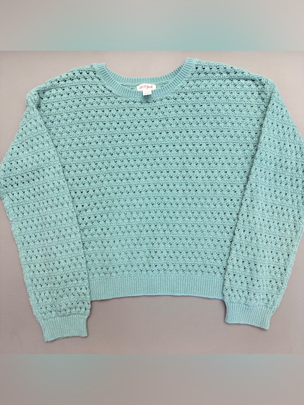 Cat & Jack Girls XL 14 Mint Green Open Knit Crochet Sweater